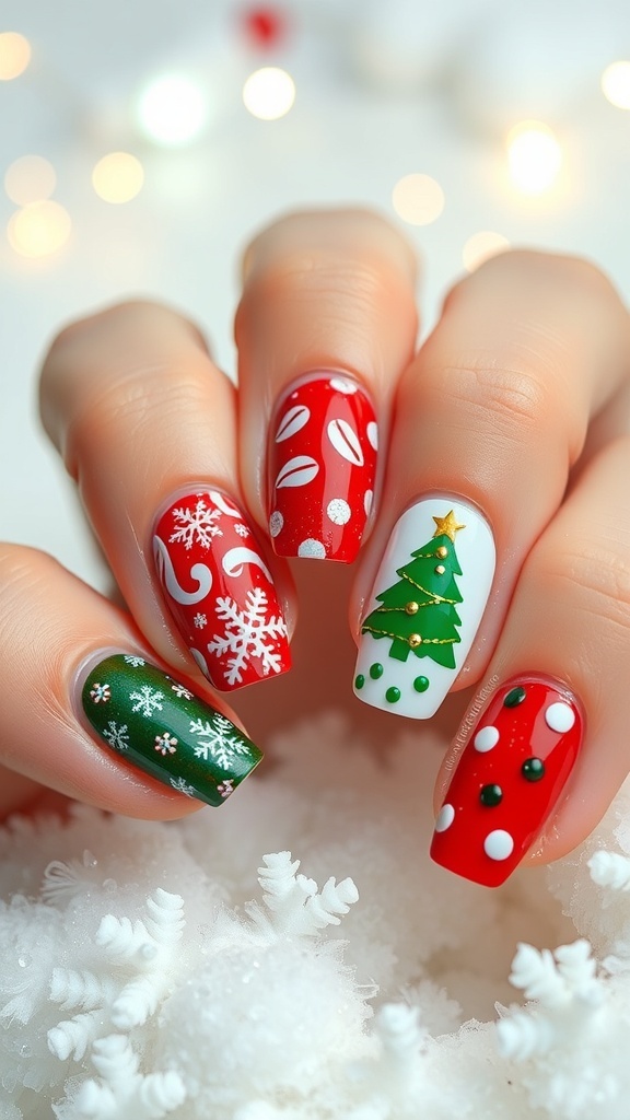 Colorful Christmas nail designs with festive patterns like snowflakes and candy canes on a snowy background.